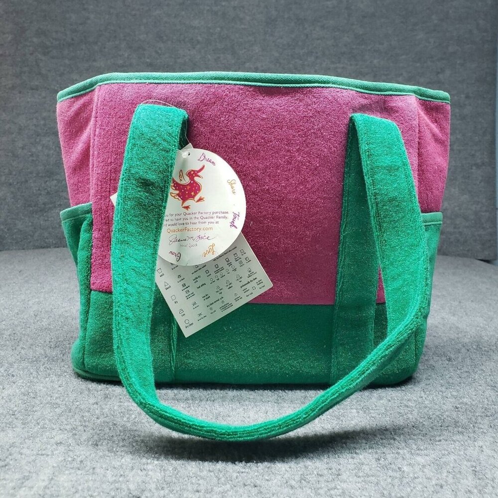 Quacker Factory Womens Tote Bag Pink Green Terry Cloth Polka Dot Square New
